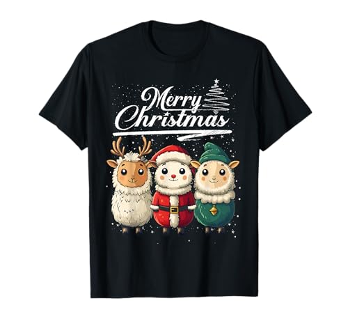 Merry Christmas Sheep Santa Hat Animal Cute Xmas Holiday T-Shirt