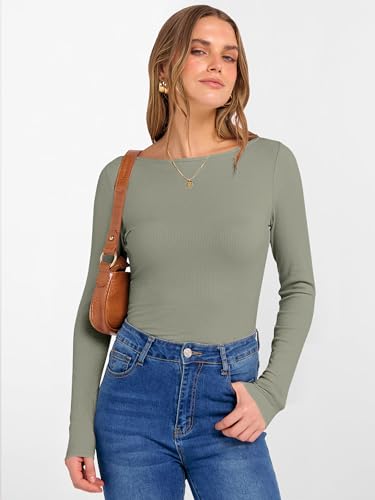 Image of ANRABESS Women's Boat Neck Long Sleeve Shirts Rib Knit Slim Fitting Tops Basic Tees 2026 Casual Comfy Fall Outfits Clothes