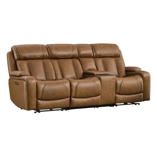 Image of Watson & Whitely Power Reclining Sofa 3-Seat with Console, Saddle Brown