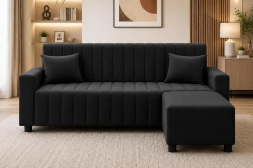 Image of Rosebell Wooden 3 Seater Sofa Set with Ottoman | Living Room Couch | with Cushions | Sofa for Home, Apartment & Office-Black Color