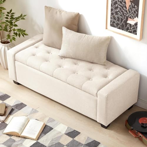 Image of Storage Ottoman Bench with Safety Hinge | Upholstered Tufted End of Bed Bench with Hidden Storage | Bedroom Living Room Entryway Seating | Modern Rectangular Footrest Seat | Fabric Bench Beige