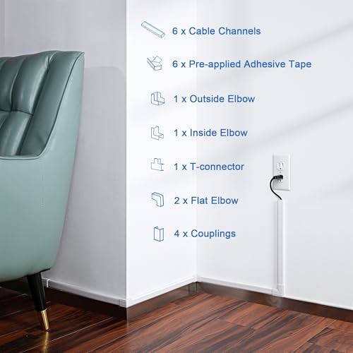 Image of ZhiYo Wall Cable Hider, Cord Hider to Hide 3-4 Cords, Self-Adhesive TV Wire Hider for Wall, Cable Management Kit, Wire Raceway White, 102in 6 x L17in, Paintable Cord Concealer, W1.2in x H0.6in
