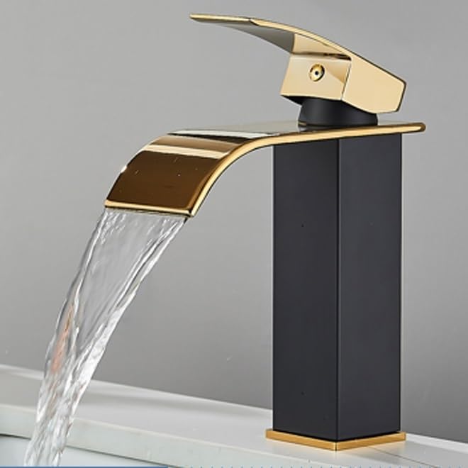 Mitigeur d'évier cascade noir et or pour salle de bains moderne