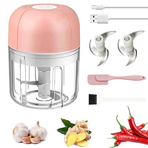 Mini Food Chopper, Electric Food Garlic Chopper 250ml with USB Charging One-Touch Food Processor Silicone Spatula & Two Brade for Kitchen Seasoning, Spice, Vegetables, Veggie, Onion, Fruits - Pink