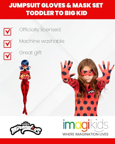 Miraculous Ladybug Little Girls Cosplay Jumpsuit Gloves and Mask 3 Piece Costume Set Polka Dots Red 6-6X - Thumbnail 3