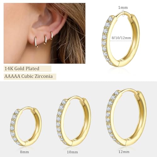 Small Hoop Earrings Cubic Zirconia Huggie Hoop Earrings 3 Pairs 14K Gold Plated Cartilage Piercing Earrings Tiny Trendy Earrings for Women Men Hypoallergenic Multiple Stack Jewelry Gift2