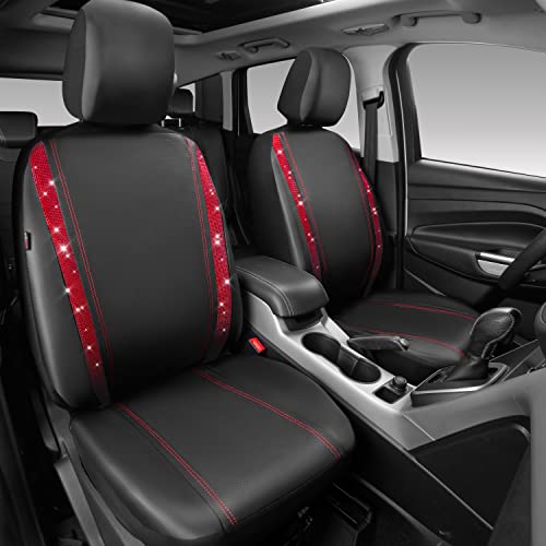 Image of CAR PASS Leather Bling Diamond Car Seat Covers 2 Front Interior Sets, Waterproof Universal Shining Glitter Crystal Sparkle Fit for 95% Automotive Truck SUV Cute Women Girl, Black Red Rhinestone