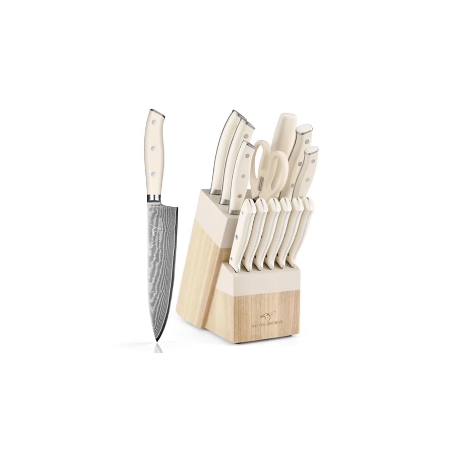 NANFANG-BROTHERS-Damascus-Kitchen-Knife-Set-14-Pieces-with-Shears-Sharpener-VG10-Damascus-Steel-ABS-Ergonomic-Handle-Wooden-Block-Storage-White NANFANG BROTHERS Damascus Kitchen Knife Set 14 Pieces with Shears & Sharpener - VG10 Damascus Steel, ABS Ergonomic Handle, Wooden Block Storage White