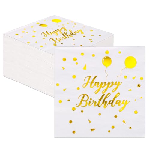 48 Pcs Happy Birthday Napkins - White Gold Napkins Disposable Party, Serviettes for Table Decorations Cocktail Supplies, 33X33cm