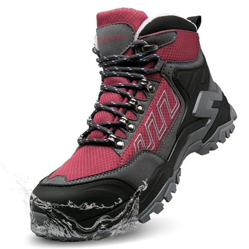 KOIFISH Sicherheitsstiefel Damen Wasserdicht Arbeitsschuhe mit Kompossitkappe Rutschfest Sicherheitsschuhe Hoch Leicht Arbeitsstiefel Antistatisch Dämpfung Schutzschuhe S2506/Rot 38