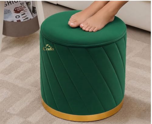 Image of Luxury Velvet Ottoman Stool for Living Room & Bedroom | Premium Round Pouffe with Gold Metal Base | Modern Footrest, Extra Seating & Home Decor (Green)