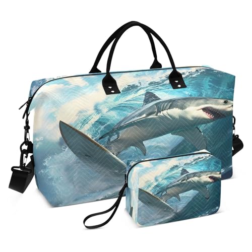 White Shark Ocean Wave Large Travel Duffle Bag Weekender Overnight Bags Gym Yoga Bag for Women Men with Toiletry Bag