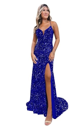 Sparkly Prom Dresses for Women Spaghetti Straps Mermaid Sequin Evening Formal Gowns with Slit