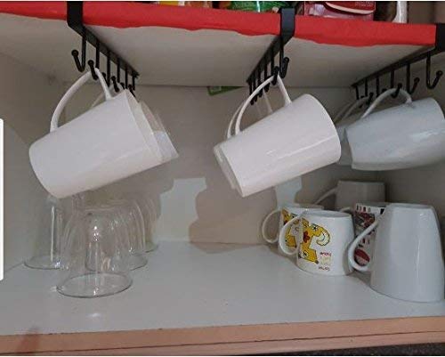 Image of DIVERSITY Multifunction 6 Hook Under Shelf Coffee Mug, Cup Holder, Kitchen Utensils Rack for Hanging, Cabinet Storage Organizer, Home Storage Hooks for ties, belts, keys and Kitchen Accessories Holder (Black) Pack of 4