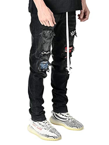 Generic Men's Vintage Ripped Patch Jeans Printed Pattern Skinny Biker Denim Pants Hip Hop Skinny Check Patchwork Jean Trousers (Black,Large)3