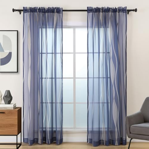 L.Z.E Navy Wave Sheer Curtains 2 Panels, Rod Pocket Voile Drapes, 96 Inch