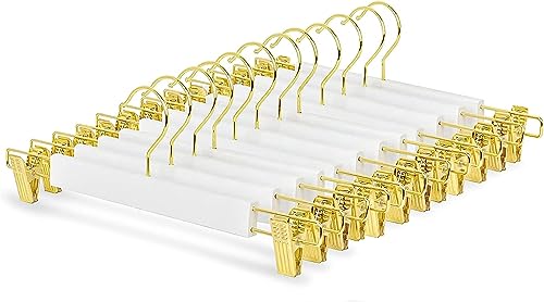 {Perchas Madera Blanca y Dorada Perchas Madera Amber Home 10 Unidades 36cm Perchas de Madera Blanco, Robusta y Brillante Percha para Pantalones Shorts Faldas Calcetines y...
