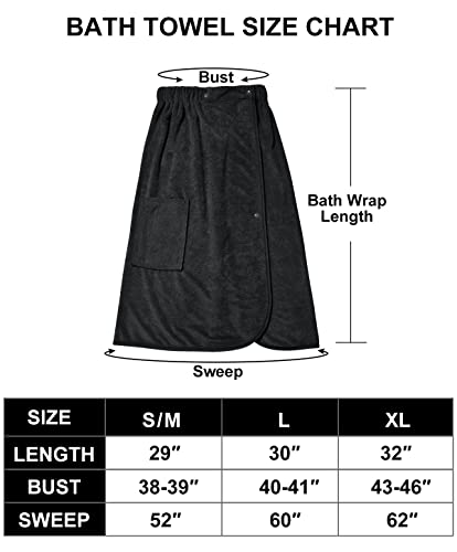 Ymmchy Sauna Frottee Bademantel Damen Saunatuch Saunakilt mit Druckknöpfen, Tasche und Gummizug Schwarz S/M