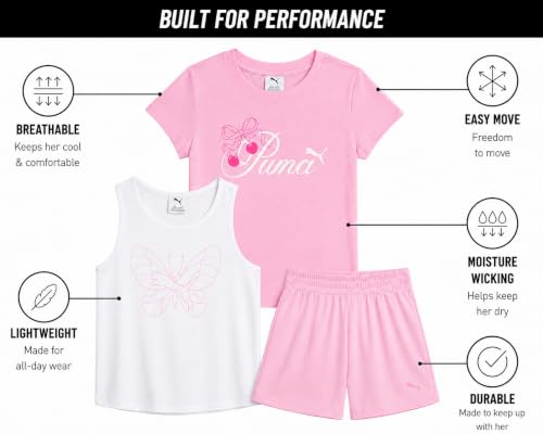 Image of PUMA Girls Active Shorts Set - 3 Piece Performance T-Shirt, Tank Top, Gym Shorts - Summer Athletic Outfit for Girls (7-14)