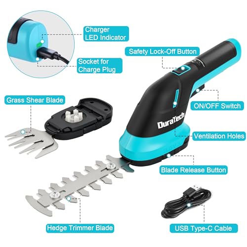 image for DURATECH Cordless Hedge Trimmer, 3.6V 2-in-1 Handheld Rechargeable Gra