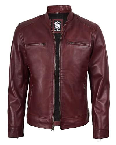 Image of fjackets Mens Leather Jacket - Real Lambskin Cafe Racer Jacket Stand Collar Moto Biker Zip Jacket For Men