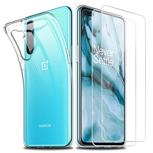 Reshias Funda para OnePlus Nord + [2 Pack] Cristal Templado Protector de Pantalla,Suave TPU Transparente Gel Silicona Anti-arañazos Protectora Carcasa para OnePlus Nord (6,44 Pulgadas)