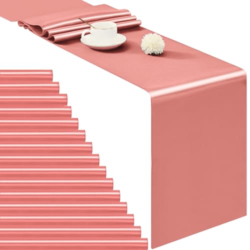 Paquete de 24 caminos de mesa de satén coral de 12 x 72 pulgadas de largo para bodas, camino de mesa de seda brillante para fiestas, banquetes, eventos, graduaciones, decoración para mesa rectangular