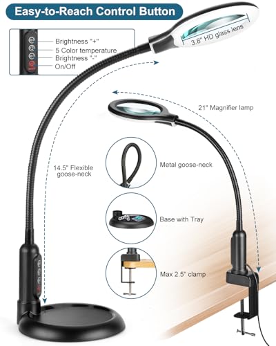 image for RackydigPro 10X Magnifying Glass with Light and Stand, LED 5 Color Mod