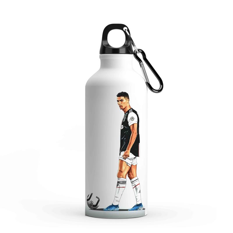 Ronaldo - Ball Circle Print Sports Water Aluminum Bottle for Fridge/School/Outdoor/Gym/Home/Office/For Girls, Brother, Sister, Friends, Adults Use White Color, Sipper Cap 600ml