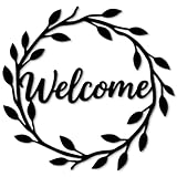 Vineland Metal Welcome Wall Decor, Black Iron Wreath Sign with Leaves, 11.8 x 11.2 Inch Matte Minimalist Welcome Sign for Front Door, Entryway, Porch, Farmhouse Home Decoration