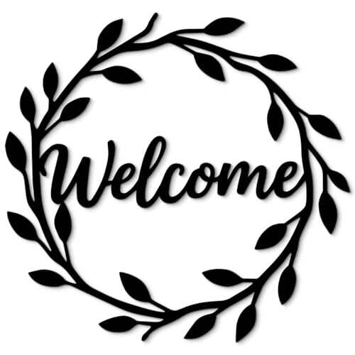 Vineland Metal Welcome Wall Decor, Black Iron Wreath Sign with Leaves, 11.8 x 11.2 Inch Matte Minimalist Welcome Sign for Front Door, Entryway, Porch, Farmhouse Home Decoration