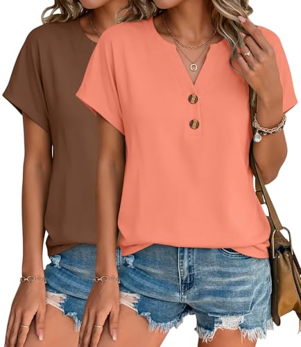 INNOVATOP 2 Pack Womens T Shirts V Neck Short Sleeve Henley Tops Work Business Casual Blouses Summer Dressy Casual Clothes