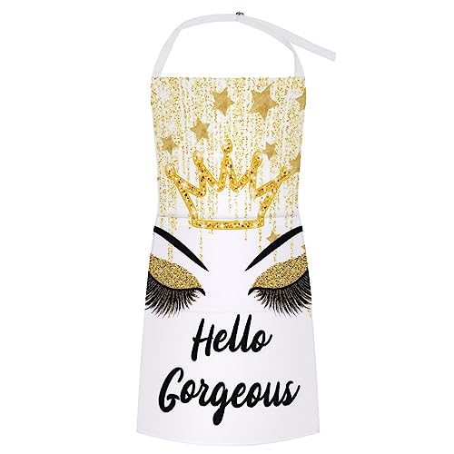 Kazynee Hello Gorgeous Gold Floral Chef Apron with Pockets Eyelash Women Luxury Eyelash Queen Crown Print for Men Women 32L x 28W Inch