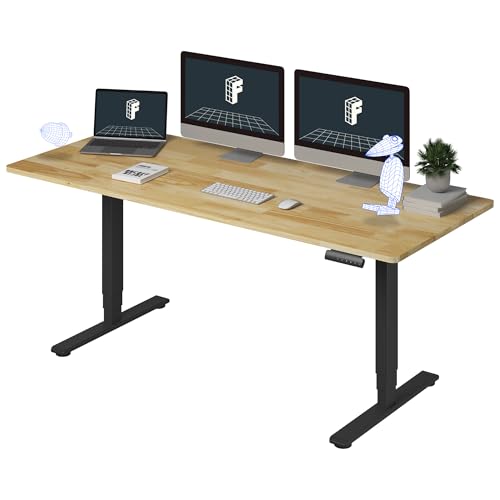 Image of FLEXISPOT E6 Solid Wood 3-Stage Dual Motor 71 x 30 Electric Standing Desk, Holds 220 lbs, Adjustable Height w /Memory Presets, Butcher Block Rubberwood Desktop & Black Frame, Ships in 2 Boxes