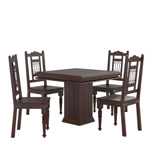 Image of Loonart Solid Sheesham Wood 4-Seater Dining Table Set with Pillar Base|Handcrafted Wooden Dining Furniture with Warm Chestnut Finish|Compact Dining Set for Home| Kitchen Or Apartment Use|