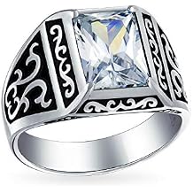Bling Jewelry Personalize Scroll Emerald Cut Cubic Zirconia AAA CZ Engagement Ring For Men Two Tone Oxidized .925 Silver Handmade In Turkey Customizable