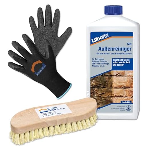 Hauswerk.shop Reiniger Set Lithofin MN Außenreiniger 1 Liter + Arbeitshandschuhe + S-Form Bürste