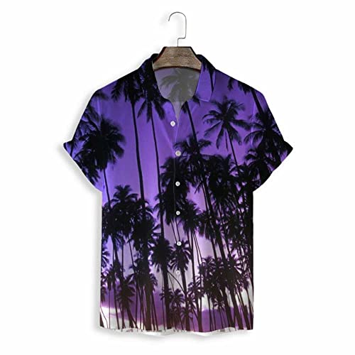 Chemise de plage manches courtes hommes imprimé tropical violet coupe droite été décontractée