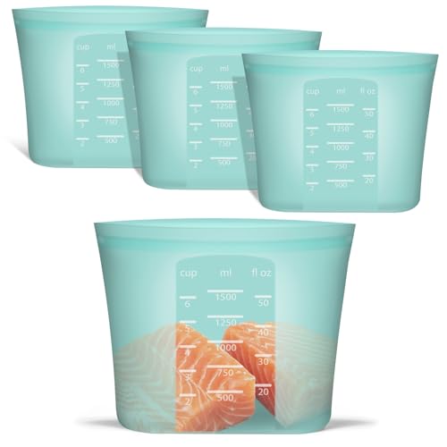 Annaklin Large Reusable Storage Bag, 4 Pack 100% Silicone Food Storage Bags Stand Up Silicone Zip Lock Bags for Food Container, Freezer Microwave Oven Dishwasher Safe, Aqua, 50.7oz/ 1500ml