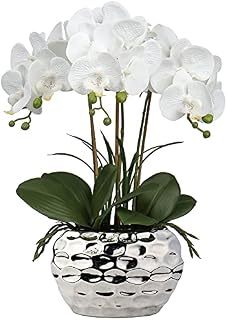 Oairse 44CM Artificial Orchid Fake Flowers Orchid White Artificial Flowers in Ceramic Pots Real Touch Phalaenopsis Decorative Fake Plants Indoor for Home Kitchen Office Table Centerpiece Decoration