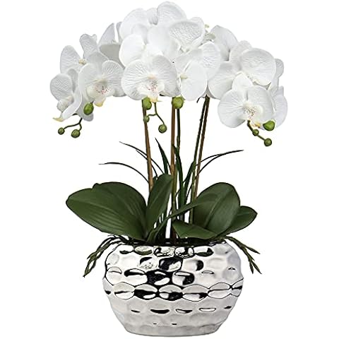 Oairse 44CM Artificial Orchid Fake Flowers Orchid White Artificial Flowers in Ceramic Pots Real Touch Phalaenopsis Decorative Fake Plants Indoor for Home Kitchen Office Table Centerpiece Decoration Cover