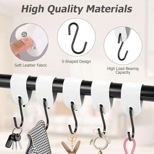 Kixolo Kleiderhaken Garderobe, 10 Stück Haken mit Lederschlaufe, Edelstahl S Haken Schwarz, Garderobenhaken, 12,5 * 3cm, Kleiderhaken für Garderobe und Camping (Weiß)