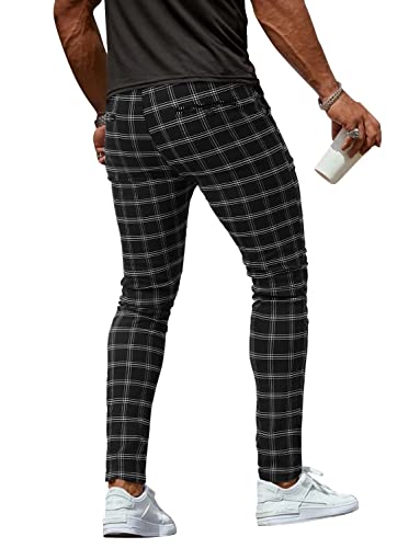 Black Men's Chinos Pants Casual Plaid Skinny Slim Fit Tapered Stretch Plain-Front Expandable Waist Checkered Dress Pants #TOP5