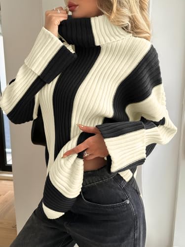 Saodimallsu Womens Turtleneck Sweater Color Block Striped Oversized Sweaters Winter Casual Trendy Pullover Tops4