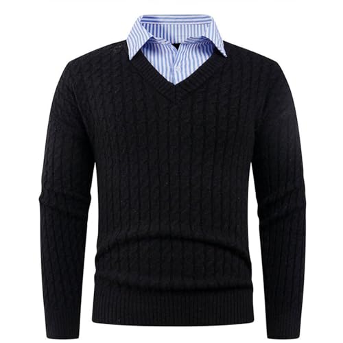 Image of Mens Jumper with Mock Shirt Collar Classic Casual Sweaters Pullover V-Neck Long Sleeve Knitwear Fashion Solid Color Lightweight Polo Shirts Men's Winter Warm Knitted Jumper Golf Tops Black