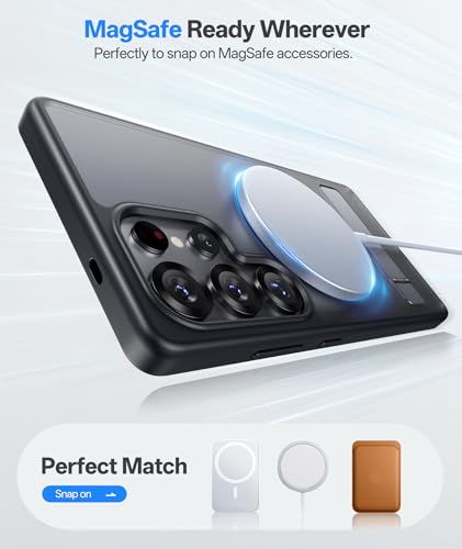 Image of Vihibii PC,Silicone For Samsung Galaxy S25 Ultra Magnetic Back Cover With Stand,[Compatible With Magsafe],Rugged Shockproof Protective Back,Translucent Matte Slim Fit Phone Case For 6.9 inch,Black