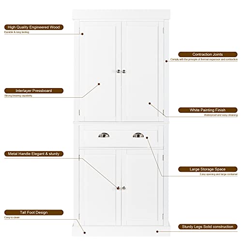 Image of VINGLI 71-Inch White Storage Cabinets with Drawers, Freestanding Pantry Cabinets with Doors and Shelves Adjustable, Wood Farmhouse Kitchen Pantry Cupboard