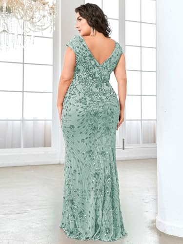 Image of Plus Size Womens Sequined Long Evening Gown Glamous Sleeveless V-Neck Mermaid Prom Dress for Wedding Party