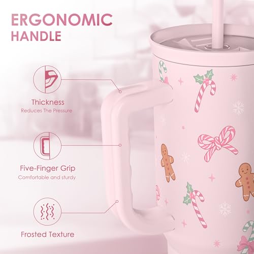 Image of SANDJEST Christmas Theme 40oz Slider Tumbler with Handle and Straw - Insulated Stainless Steel Travel Coffee Mug for Women Girls, Gift for Birthday Xmas