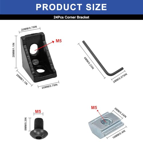 Image of 24pcs 2020 Aluminum Extrusion Corner Bracket 2020 Hardware V-Slot Accessories T-Slot with Screws for 8020 Aluminum Profile 3D Printer Accessories Black